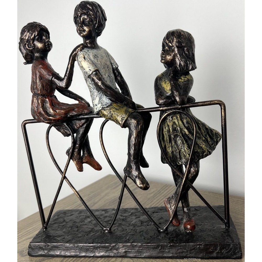 Bronze Style Children on Rail Sculpture Figurine Resin Metal Modern Home Decor